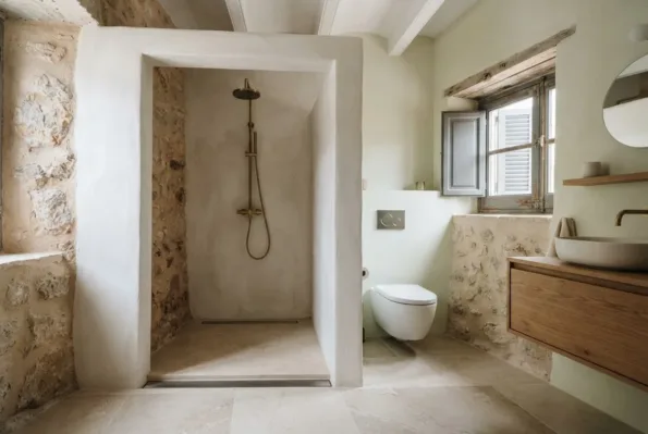 A stone-walled shower recess with a brass rain head and hand shower stands beside a wall-hung toilet and basin.