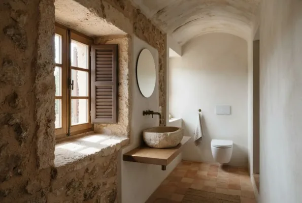 A barrel vaulted stone bathroom has a round mirror, a stone vessel basin on a wood shelf, a toilet and terracotta tiles.