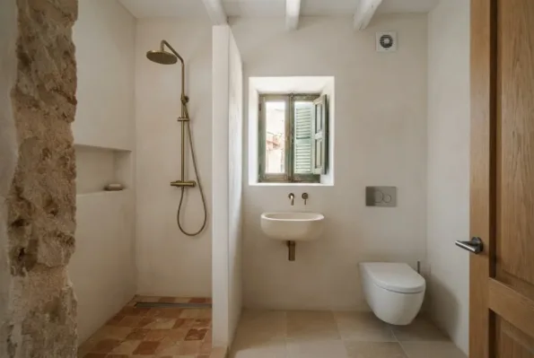 A bathroom with a walk-in shower under a brass rain head, an oval stone basin, a wall-hung WC and a terracotta tiled floor.