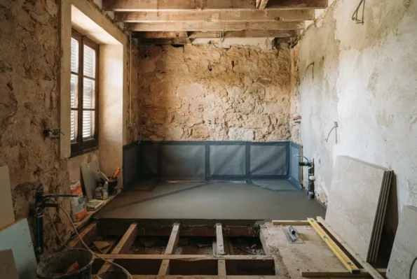 A gutted bathroom shows a taped waterproofing membrane and a new shower base being screeded with a fall to a drain.