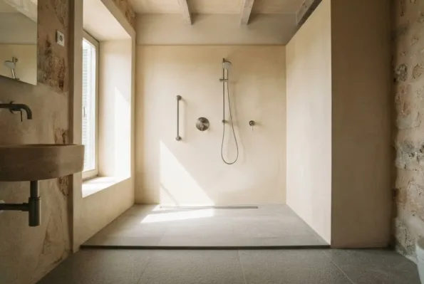A walk-in shower with a level tiled threshold flush to the floor, a grab bar and a handheld shower on a sliding rail.