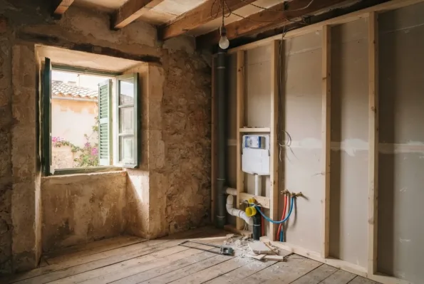 Eine freigelegte Badwand zeigt ein Holzständerwerk, das einen Unterputz-Spülkasten und farblich codierte Sanitärleitungen hält.