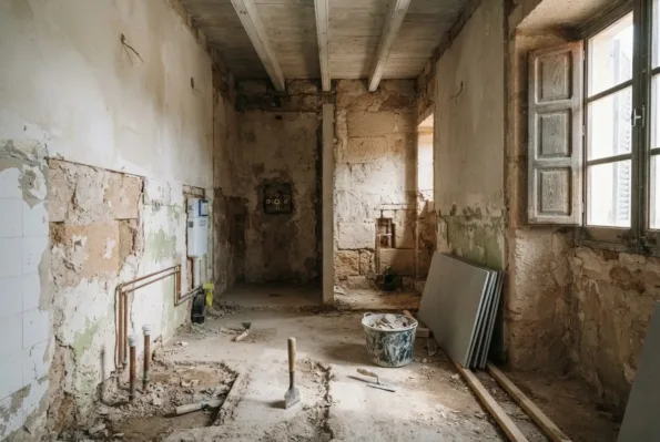 A bathroom stripped to bare stone and plaster, exposed copper pipes, a bucket of rubble and tiles leaning by an open window.