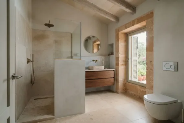 An en suite bathroom has a glass shower screen, a stone basin on a walnut vanity, a wall-hung WC, and a stone framed window.