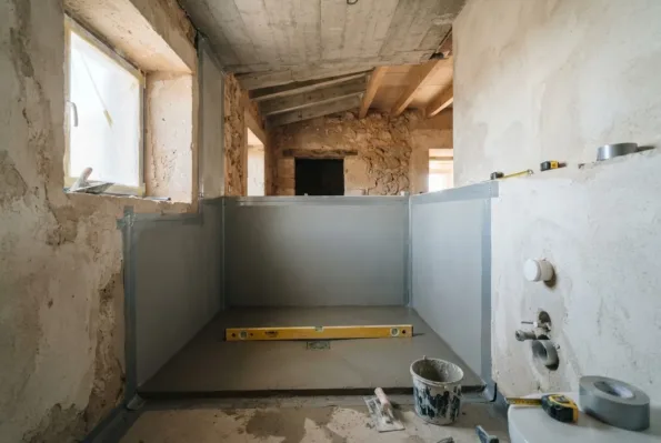 A shower recess mid renovation, coated in grey waterproofing membrane, with a floor drain and a spirit level for the fall.