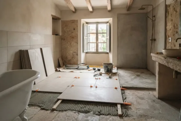 Large format porcelain floor tiles are being laid with spacers, beside a clawfoot bath and a plastered shower recess.