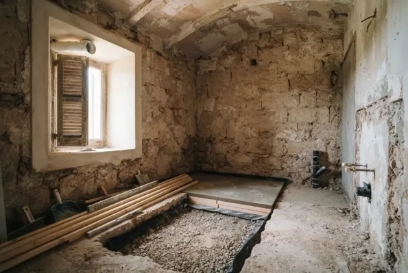 A bathroom stripped to stone under a vaulted ceiling, with a new shower base laid in gravel and membrane.