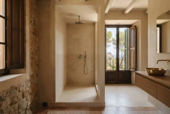 A bathroom with a walk-in shower recess in pale stone, a rainfall head, and a wooden vanity with a brass basin.