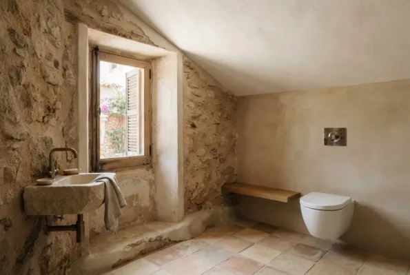 A sloped stone bathroom holds a carved stone trough basin and a wall-hung toilet, its shutters open to a courtyard.
