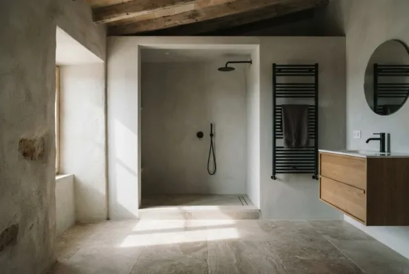 Un baño con un hueco de ducha abierto, una ducha de lluvia negra, un mueble de madera con espejo redondo y un toallero escalera negro.