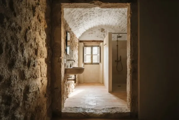 Seen through a thick stone archway, a bathroom holds a stone basin, a shower niche, and terracotta floor tiles.