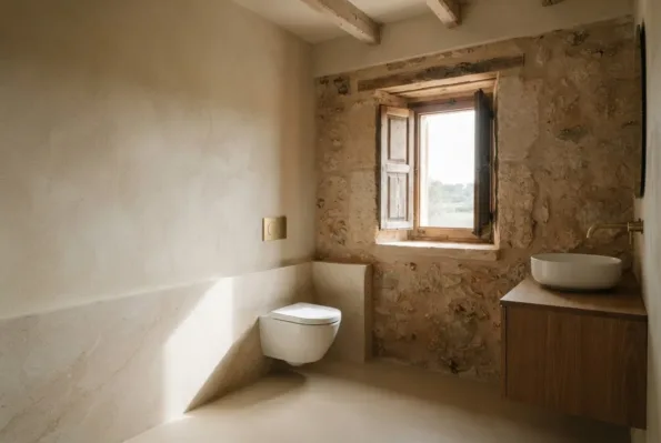 A bathroom with a wall hung WC against a stone wall, a round basin on a wood vanity, and a shuttered window.