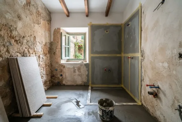 A stripped stone bathroom under renovation, shower recess coated in grey waterproofing membrane with taped seams.