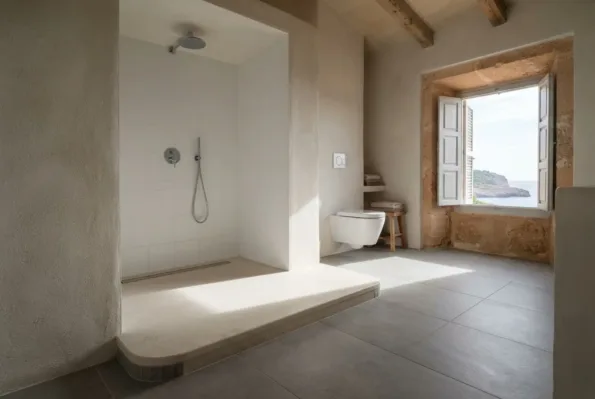 Plataforma de ducha elevada con azulejos blancos y alcachofa de lluvia cromada, bajo vigas de madera junto a una ventana con vistas al mar.