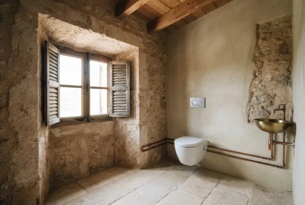 Un baño de paredes de piedra muestra un inodoro suspendido, tuberías de cobre vistas hasta un lavabo de latón y persianas de madera.