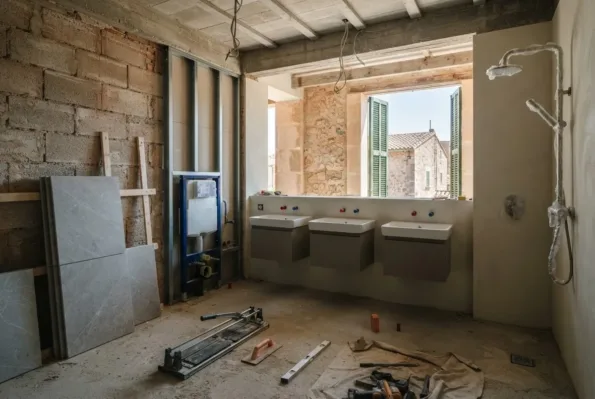 A bathroom mid renovation with three identical basins on grey cabinets, a cistern frame, and a tile cutter on the floor.