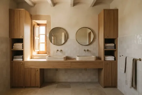 A bathroom with twin oval stone basins on a long wood vanity, two round mirrors and tall flanking storage cabinets.