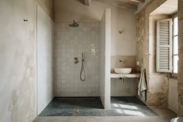 Ein Bad mit einer gefliesten Walk-in-Dusche hinter einer Steintrennwand, einem Regenbrausekopf und einem Waschbecken auf einem Steinsims.