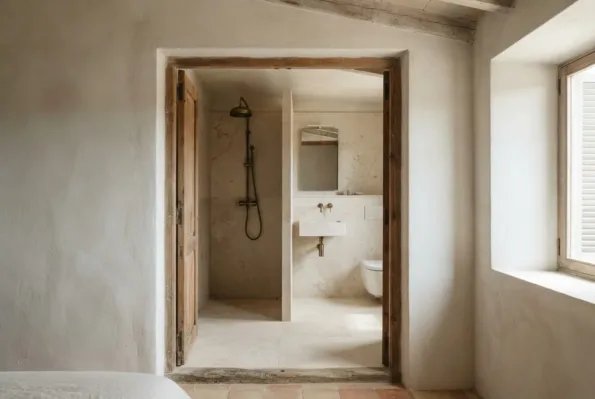 An ensuite in stone tile, seen through open wood doors, with a shower area, a small basin, and a wall hung WC.