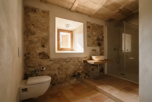 A thick stone wall holds a small window over a toilet, beside a stone basin and a glass fronted walk-in shower.