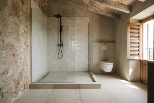 A glass-walled shower with cream zellige tiles and black fittings stands beside a wall-hung toilet on a tiled half wall.