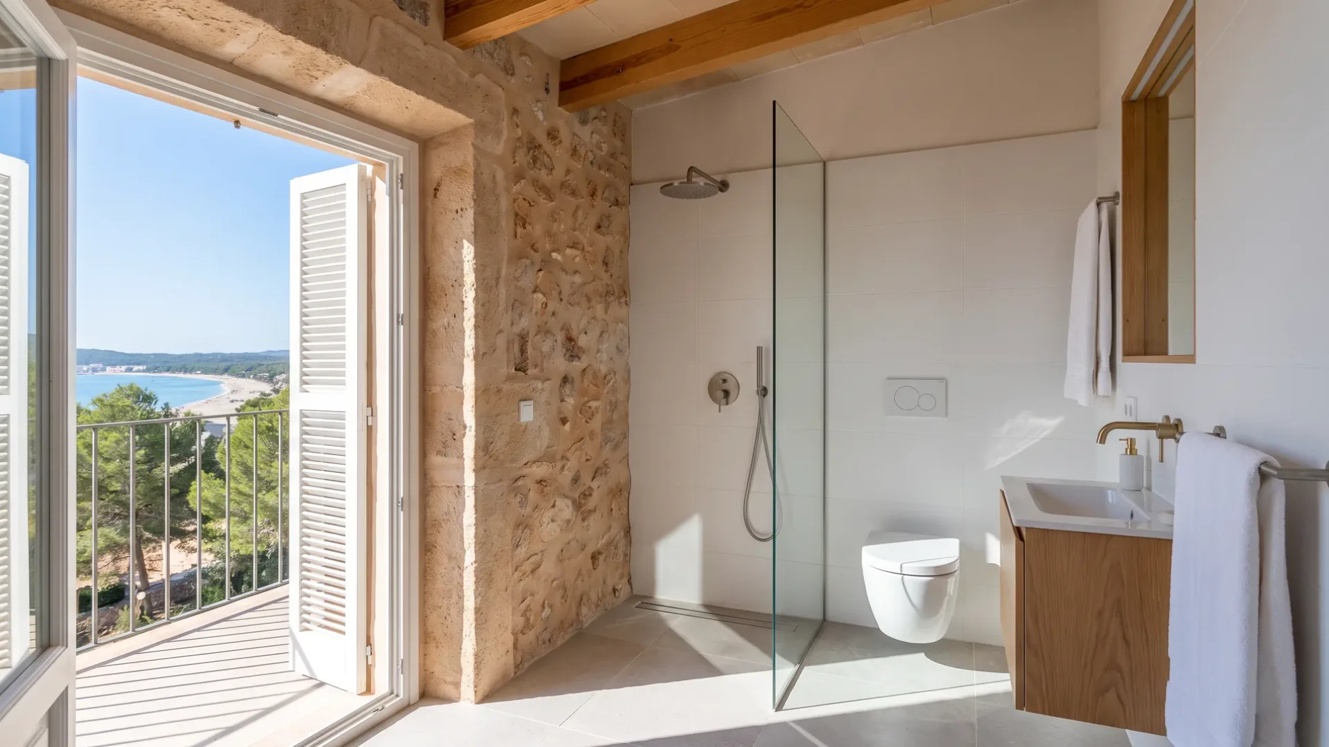 Eine Walk-in-Dusche mit Glaswänden liegt einer Steinwand neben einem weißen WC gegenüber, mit Meer- und Strandblick durch geöffnete Fensterläden.