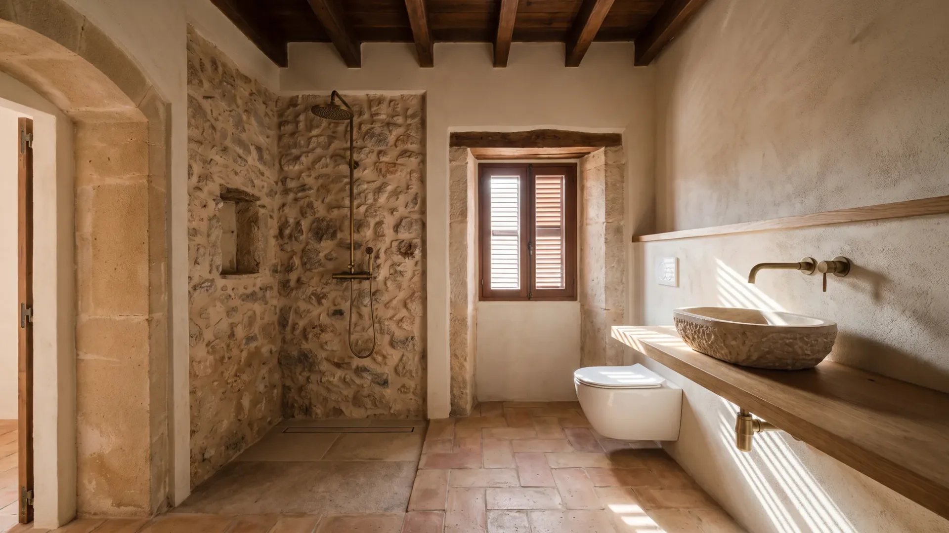 A bathroom with a rough stone shower wall, a brass rain shower, terracotta floor tiles and a stone basin on a wood shelf.