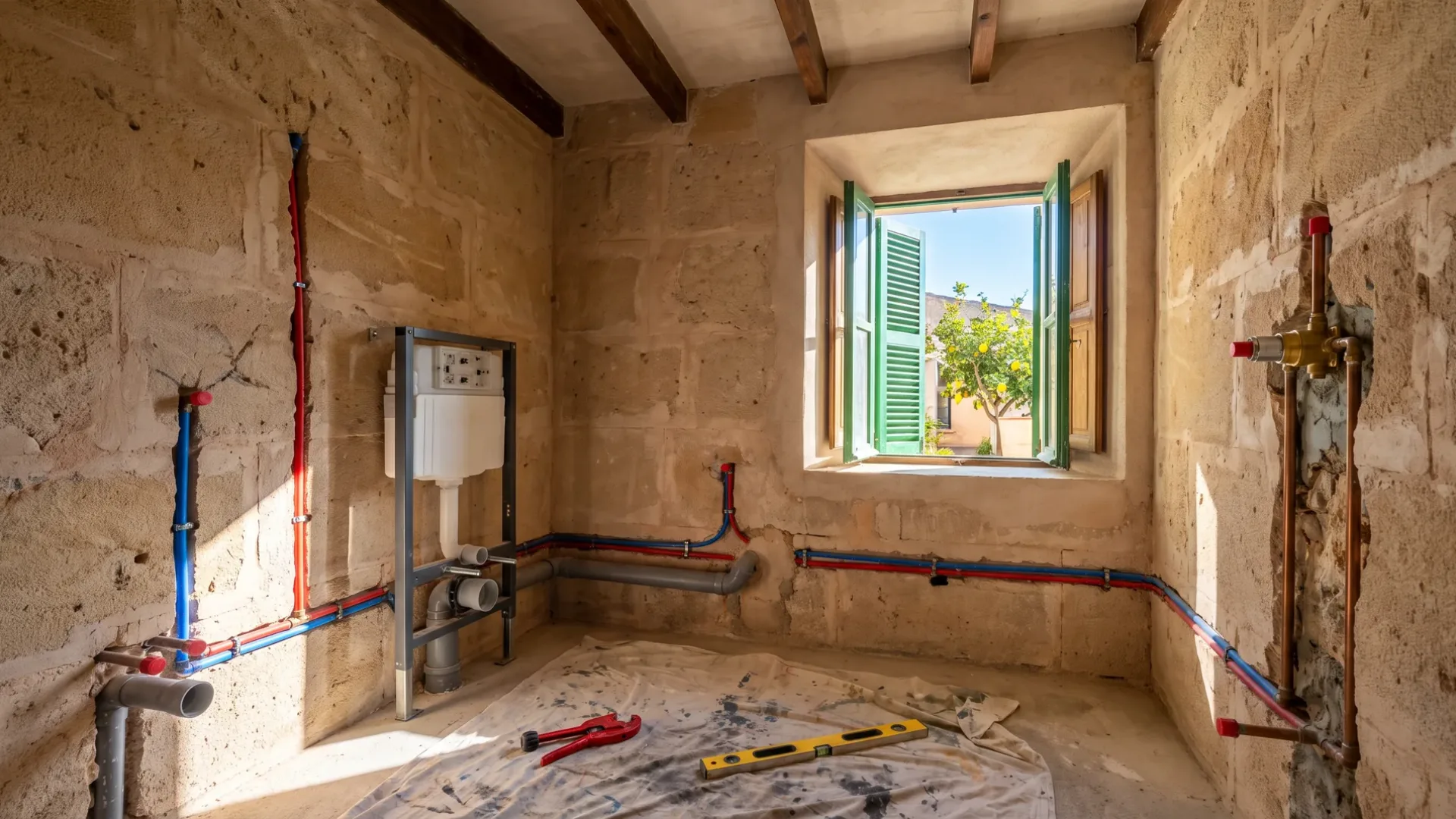 Ein Bad in der Renovierung zeigt farblich codierte Leitungen, die über Steinwände zu einem Wand-Spülkasten verlegt sind, mit Werkzeugen auf dem Boden.