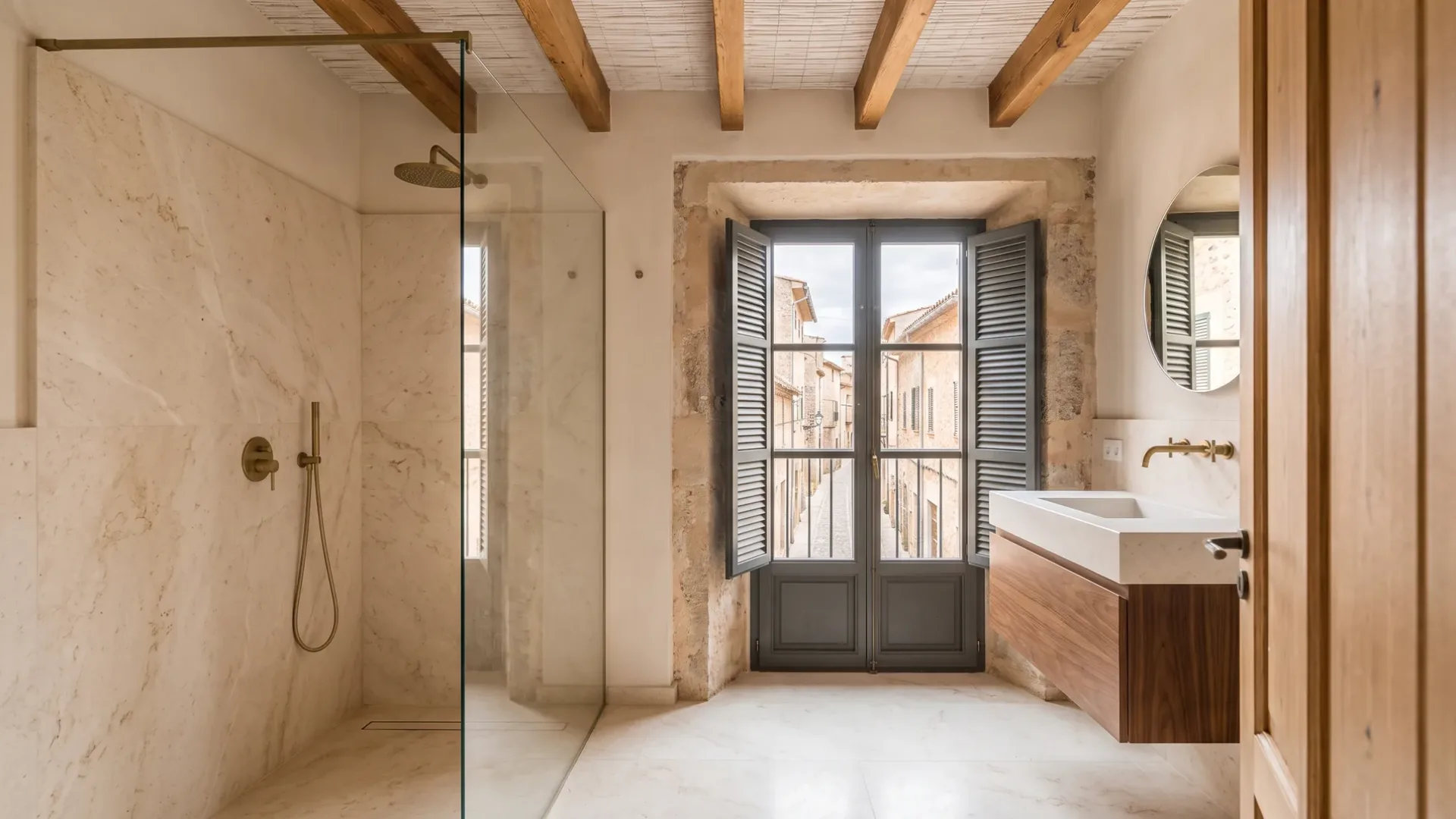 A marble shower sits opposite shuttered doors open to a street, beside a floating vanity with a round mirror above.
