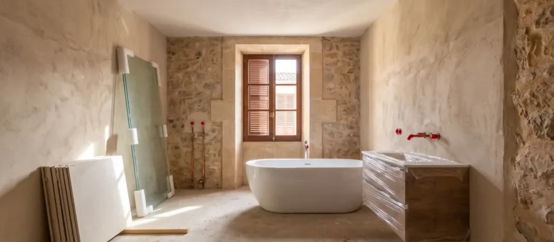 A bathroom mid renovation with a freestanding tub, wrapped cabinetry, capped red pipes and glass panels against stone walls.