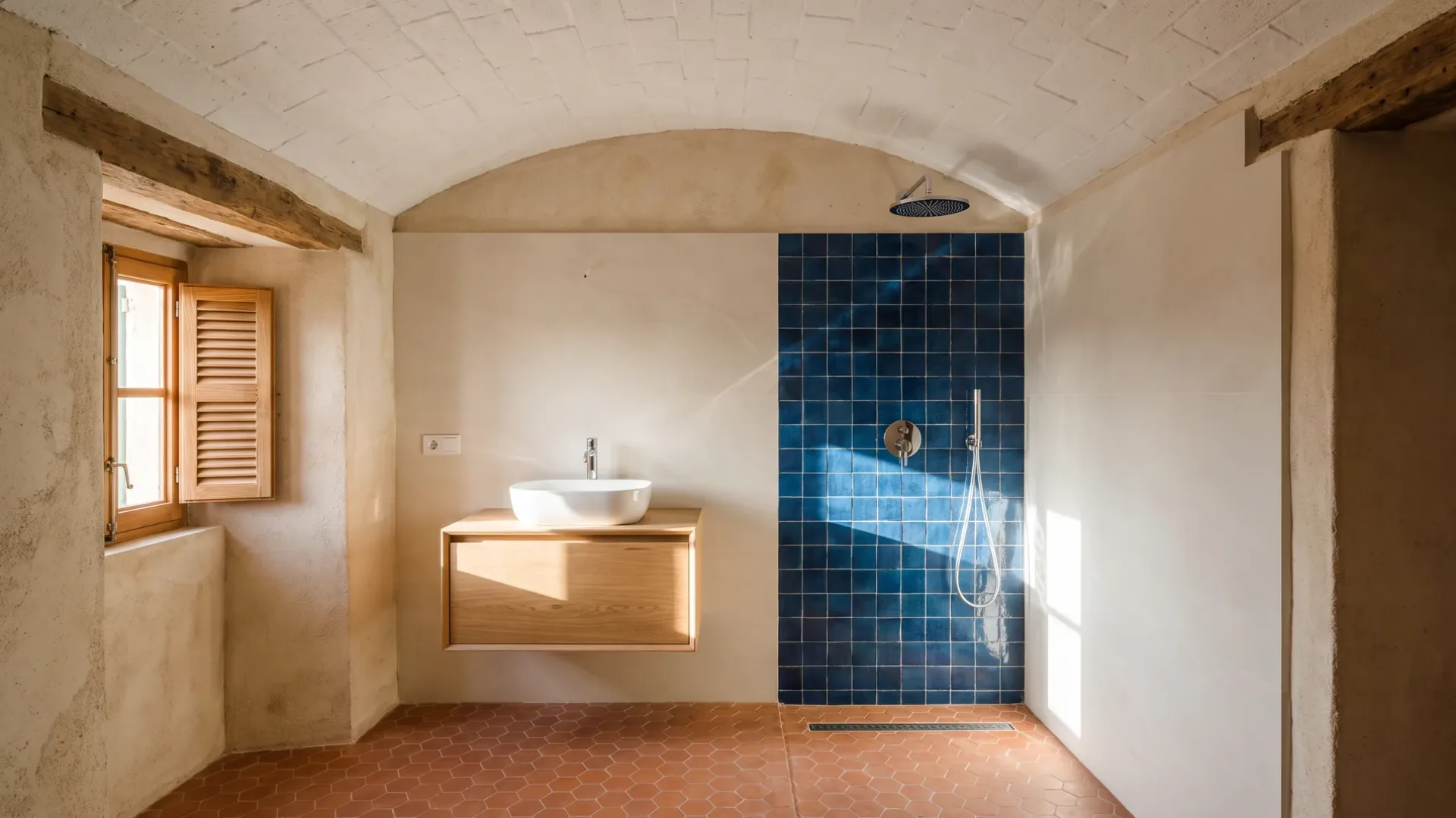 A vaulted brick ceiling arches over a wood vanity and a shower wall of dark blue tiles, above a terracotta floor.