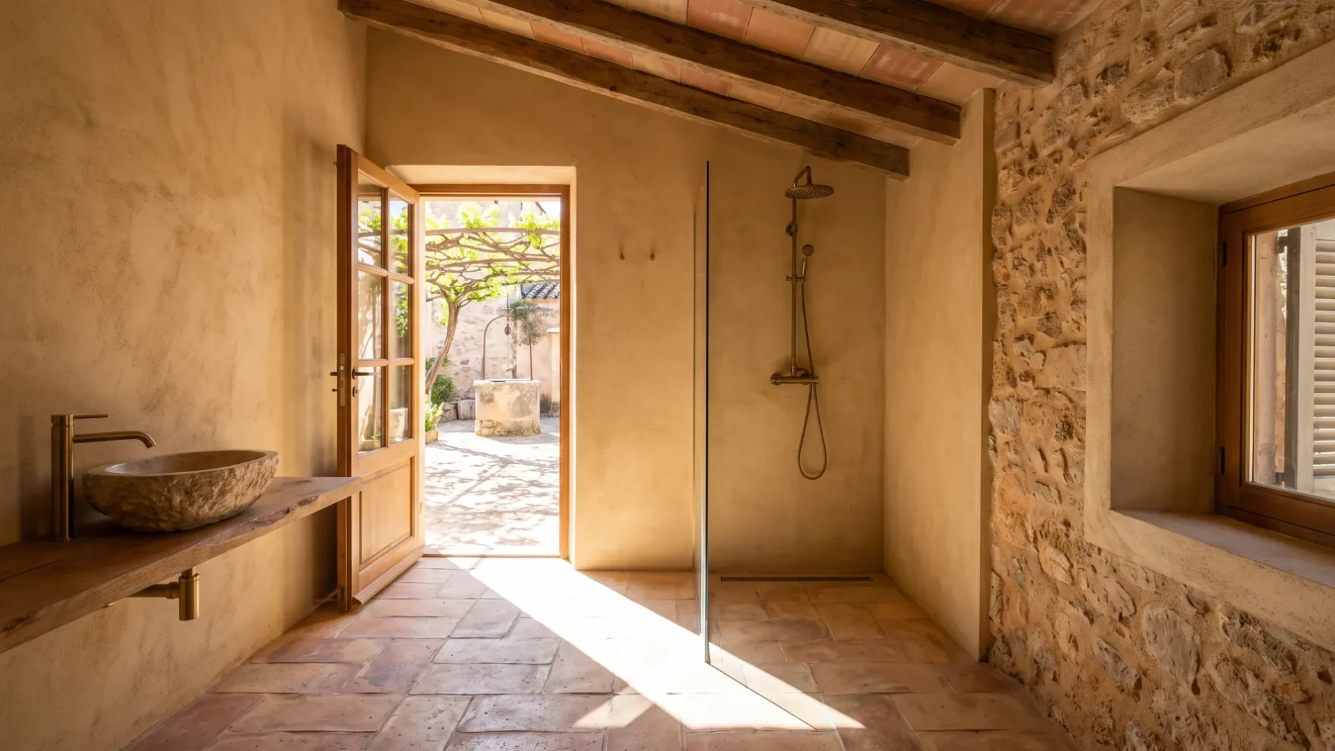 A rustic bathroom has a stone vessel basin on a live edge timber shelf, terracotta floor tiles, and an open glass shower.