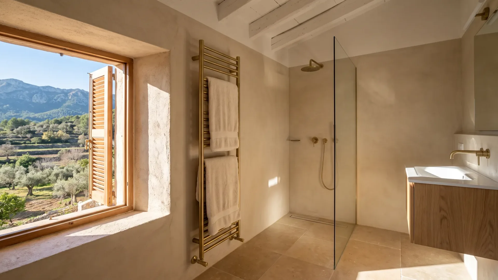 Una ventana abierta enmarca montañas junto a un toallero de latón, una ducha a ras de suelo de cristal y un mueble de madera bajo un techo con vigas.