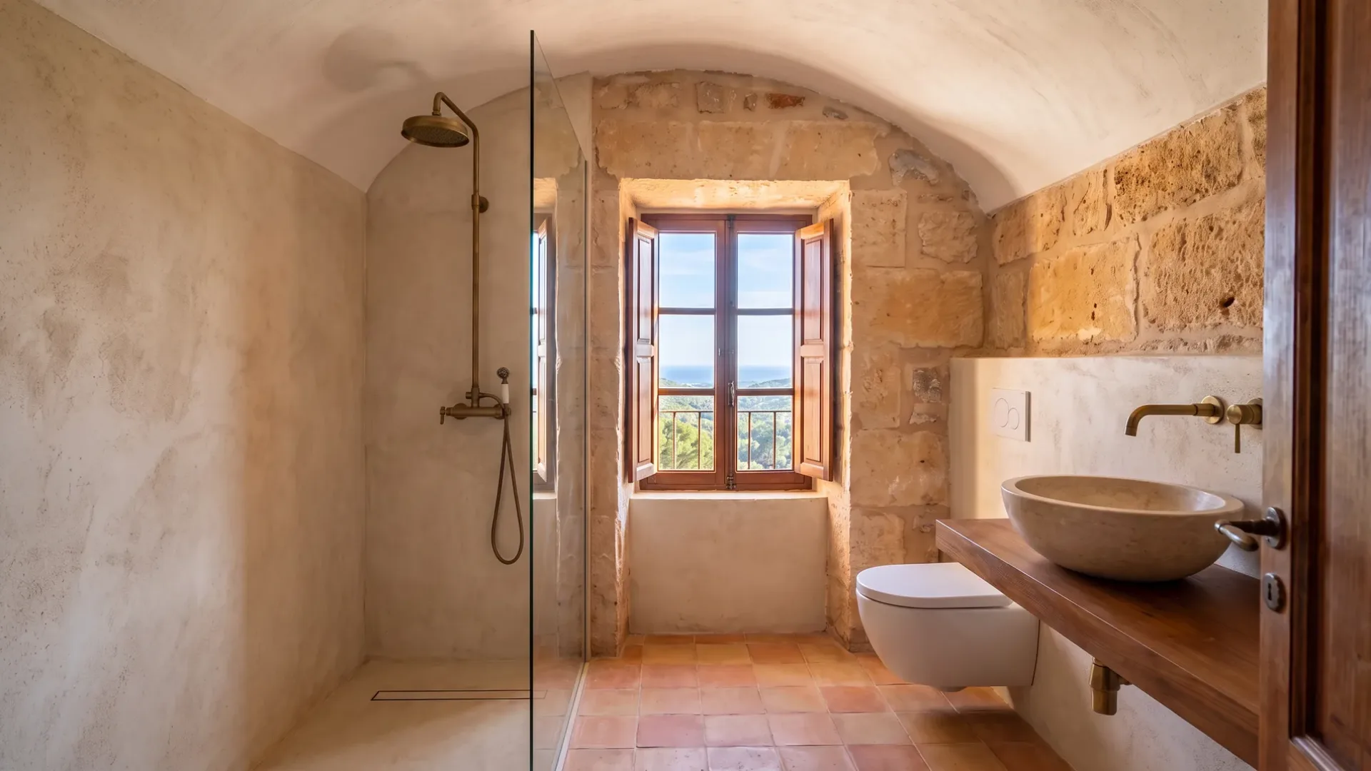 A vaulted stone shower with brass fittings stands beside a toilet and stone basin, a distant sea framed by the window.