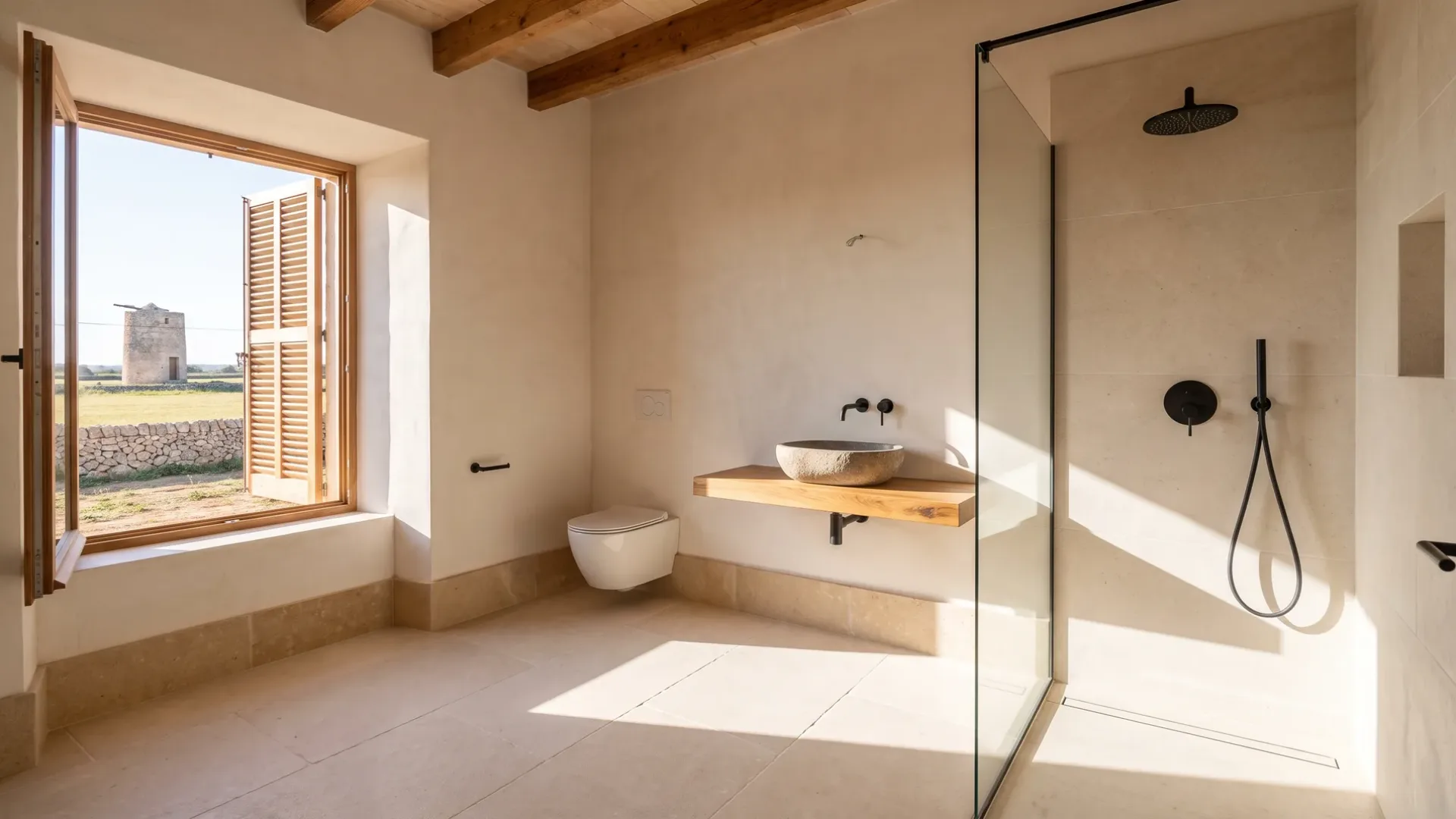 A bathroom with a black shower fitting, a stone basin on a wood shelf and a window looking out to a distant windmill.