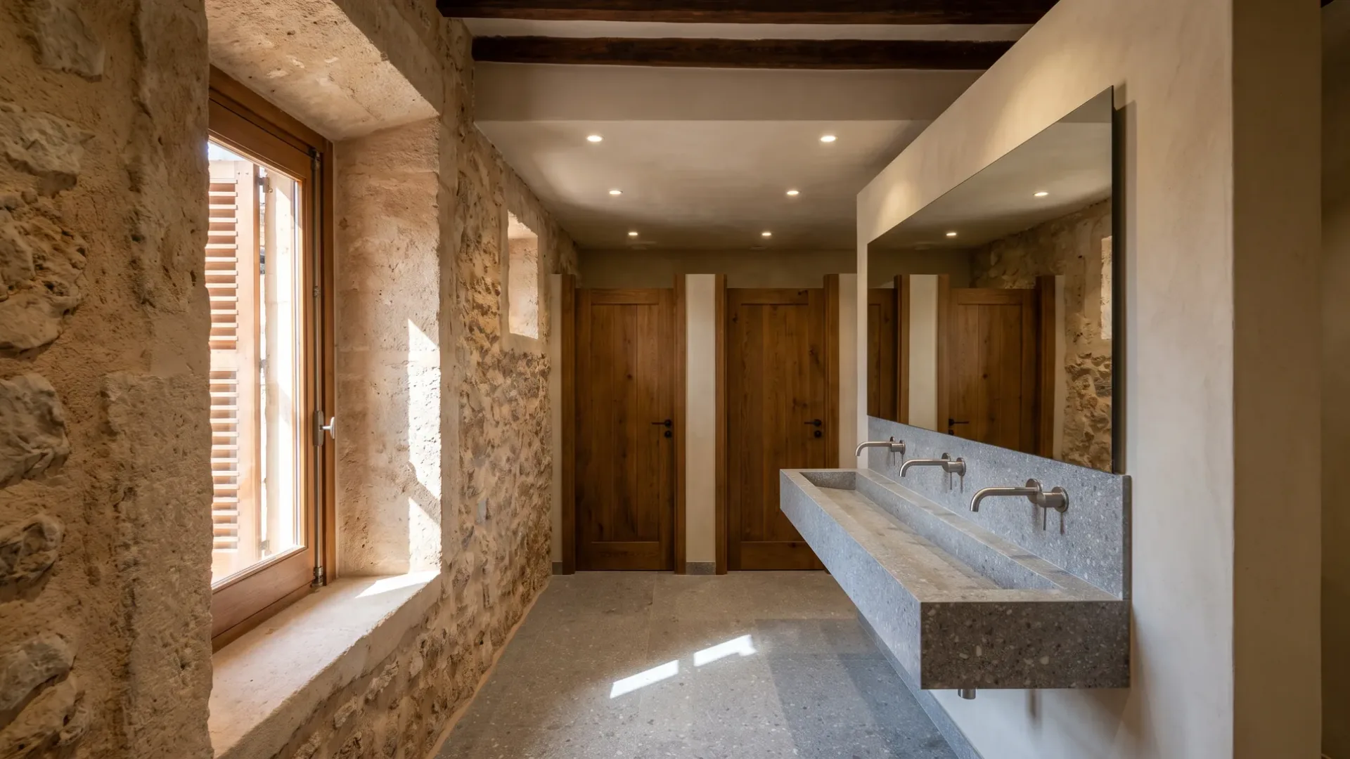 A row of stone washbasins with three wall mounted taps faces timber cubicle doors under a mirrored wall in a stone corridor.