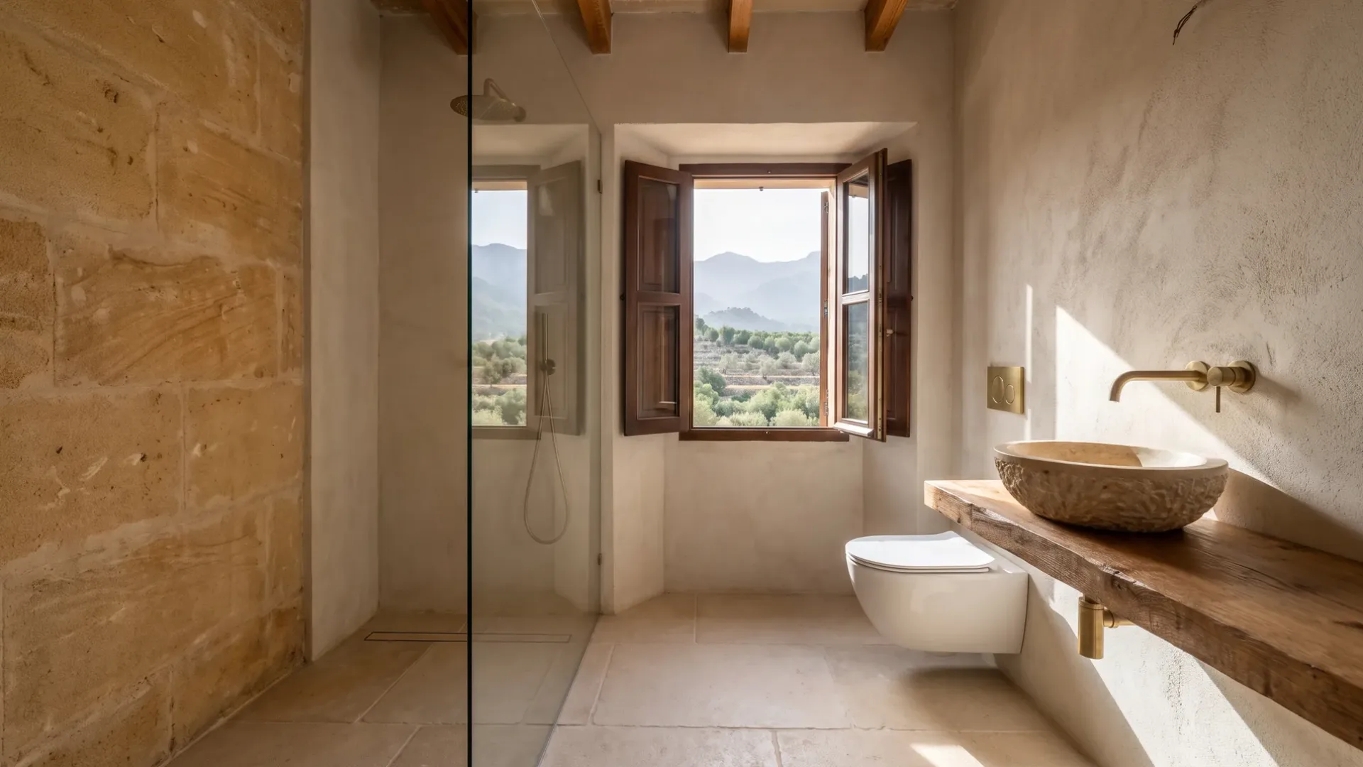 Ducha de paredes de piedra junto a un inodoro suspendido y un lavabo de piedra redondo, con vistas a la montaña por unas persianas de madera abiertas.