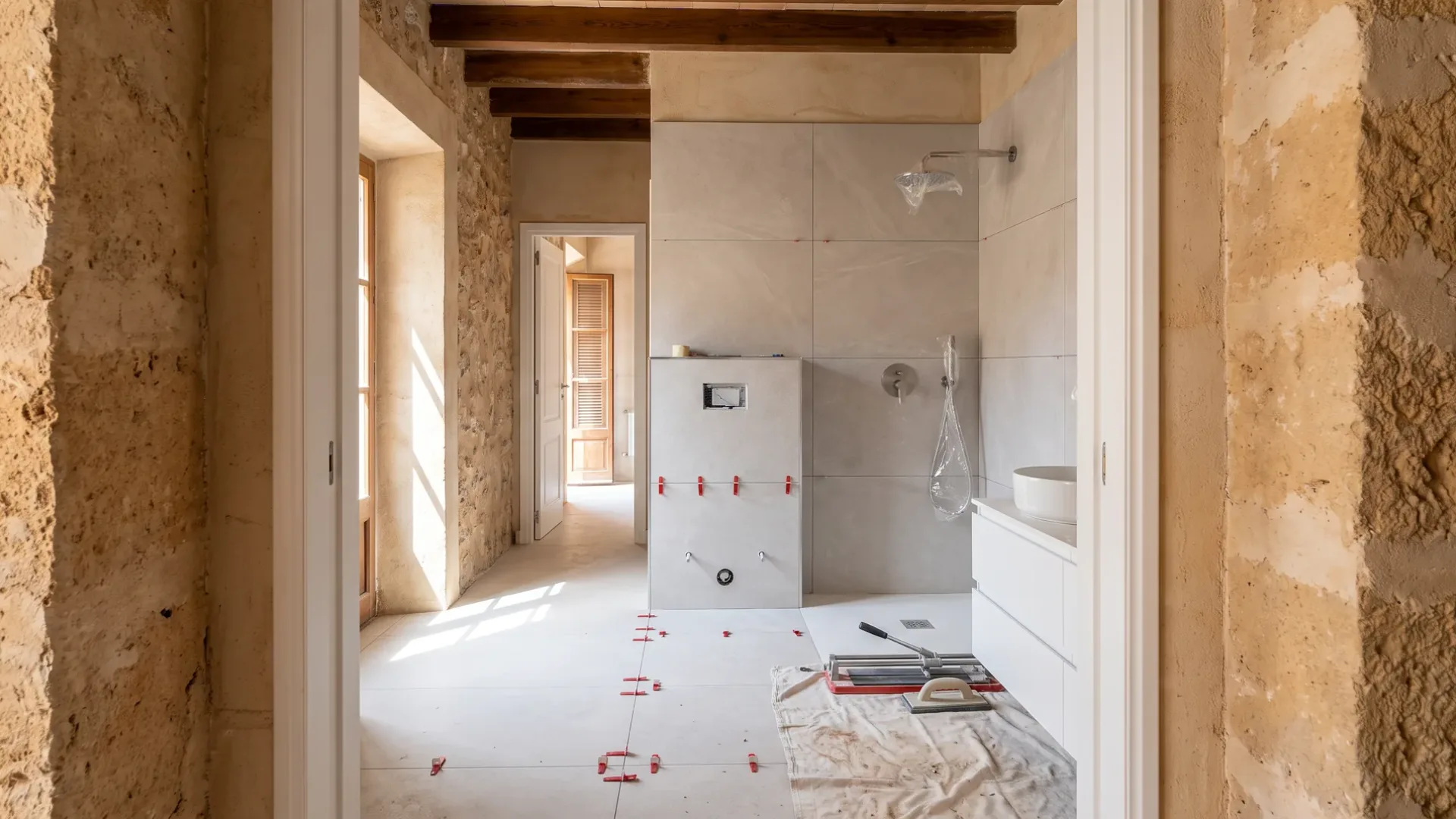 A bathroom mid-renovation seen through a stone doorway, large floor tiles laid with red spacers and a boxed-in WC frame.