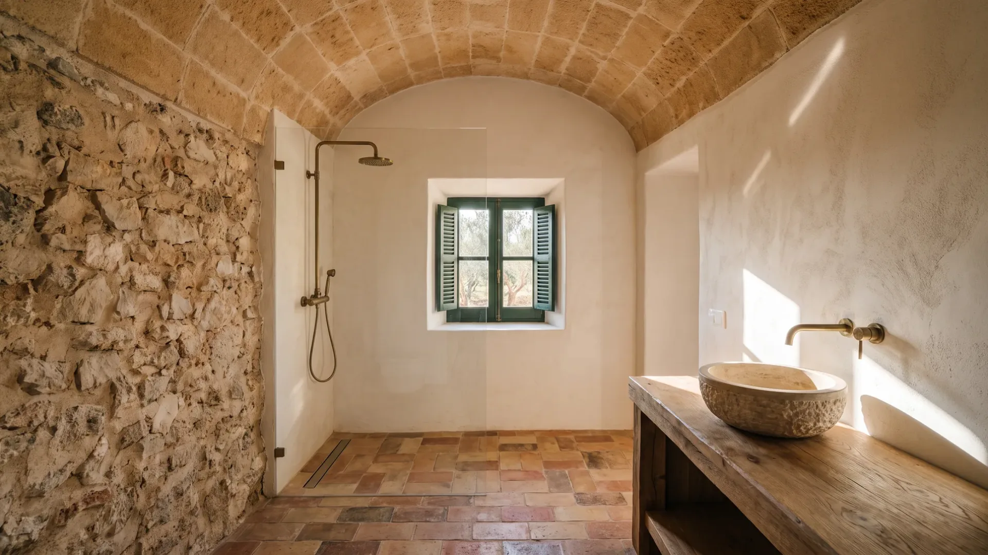 A vaulted stone ceiling covers a glass shower beside a rough stone wall, and a wood vanity with a round basin on terracotta.