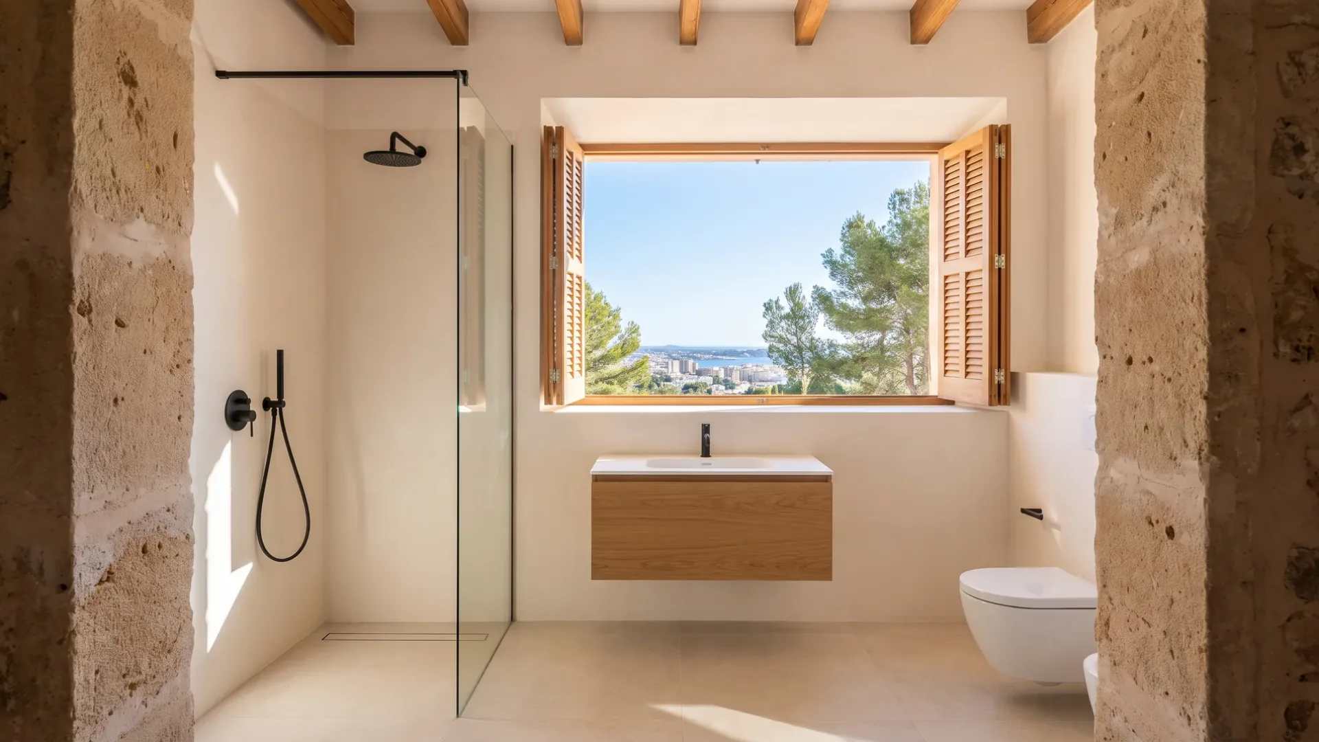 A shower with black fittings sits opposite a floating vanity, framed by a window over a hillside city and sea.