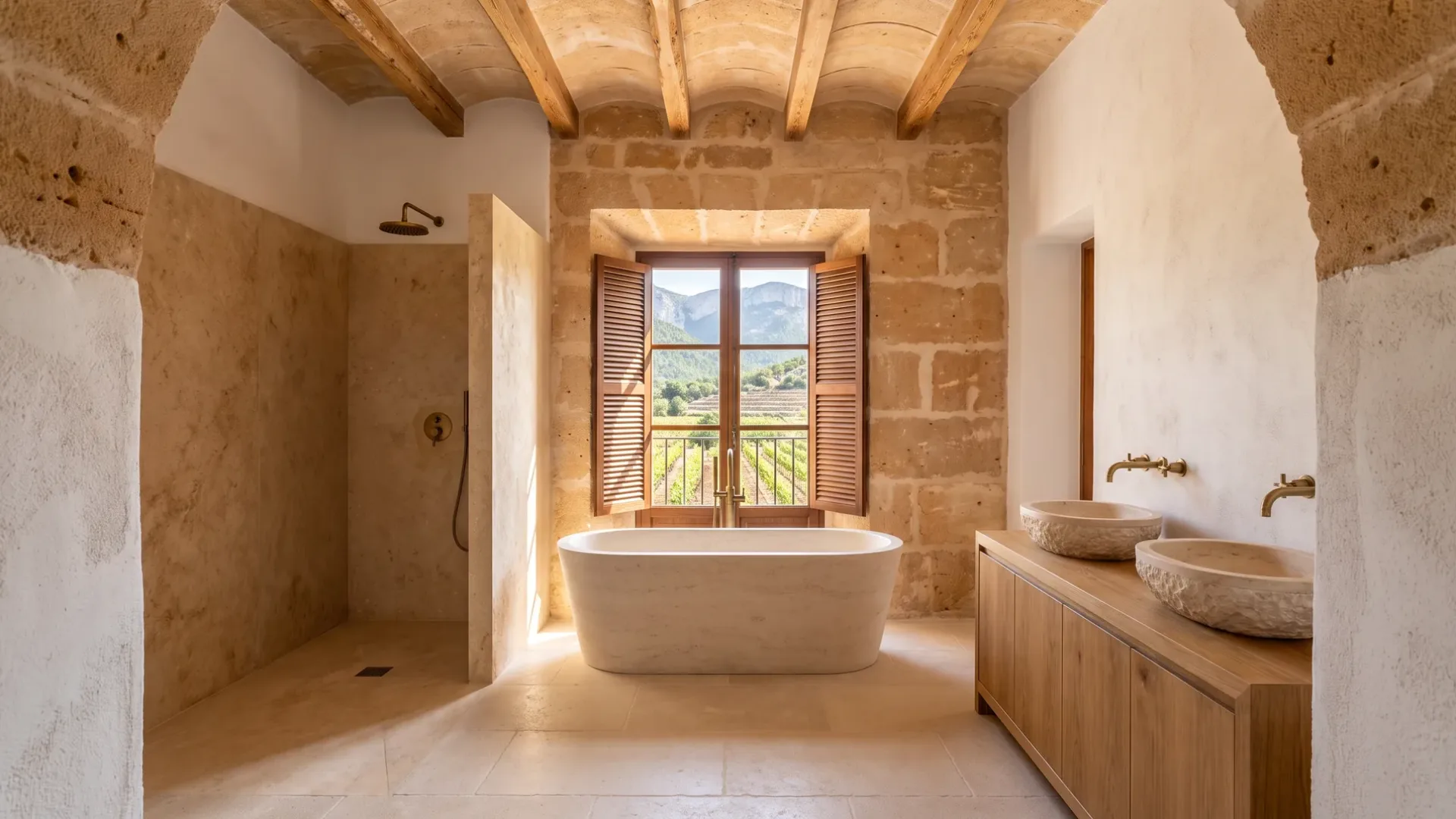 A vaulted bathroom with a pale stone tub, an open shower in a stone alcove, two stone basins on oak and a window onto vines.