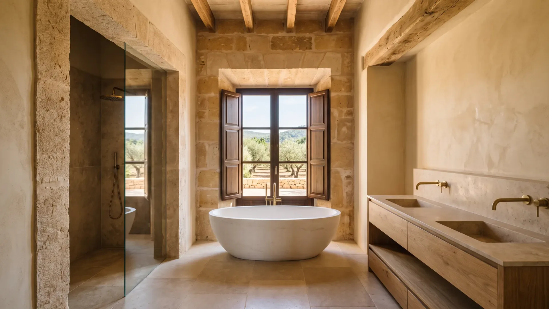 A freestanding oval tub sits before a shuttered window framed in stone, with a double vanity and walk-in shower to the sides.