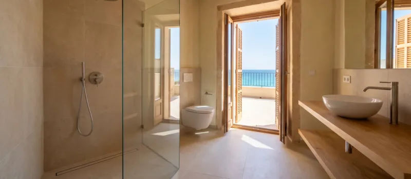 A glass shower with a rain head faces a wall hung toilet and a wooden vanity, beside open shutters framing a sea view.