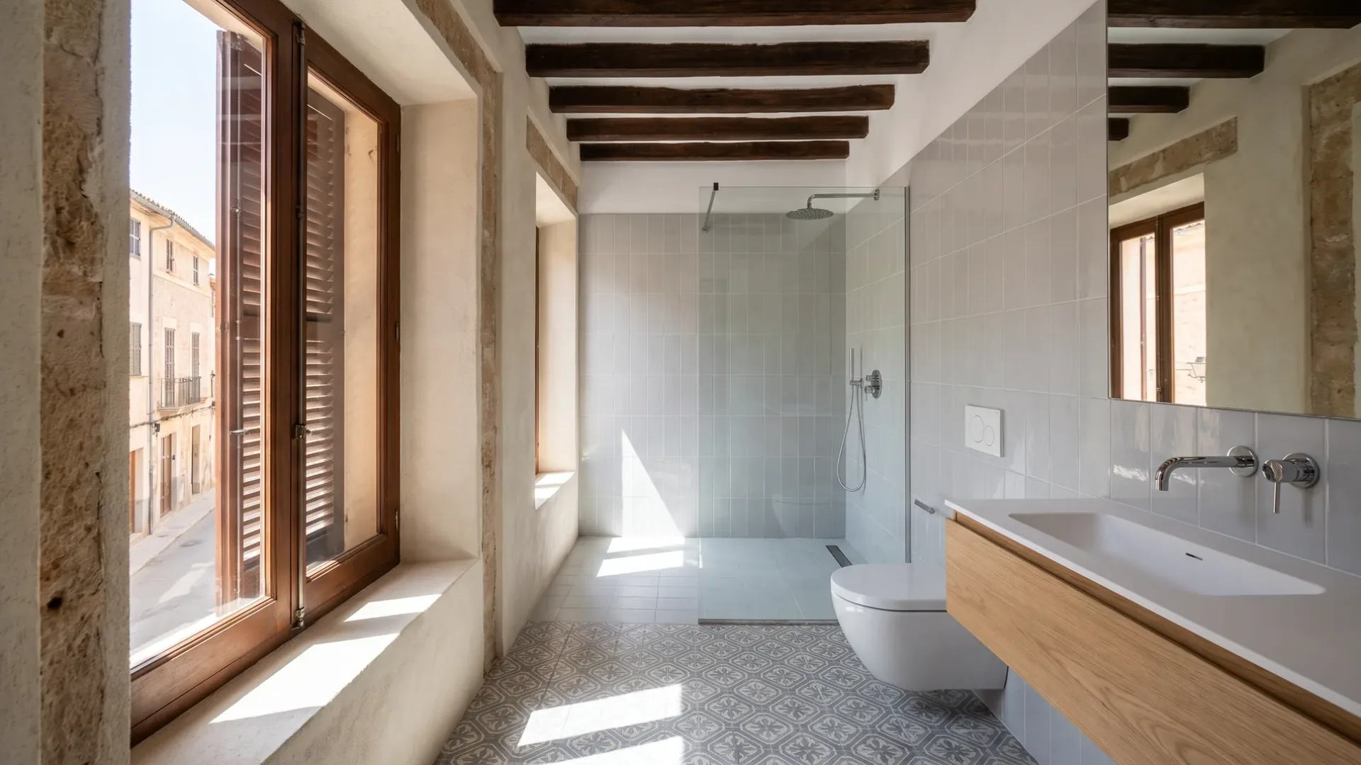 A bathroom with a glass walk-in shower, patterned floor tiles, a wall-hung toilet and a wood vanity beneath timber beams.