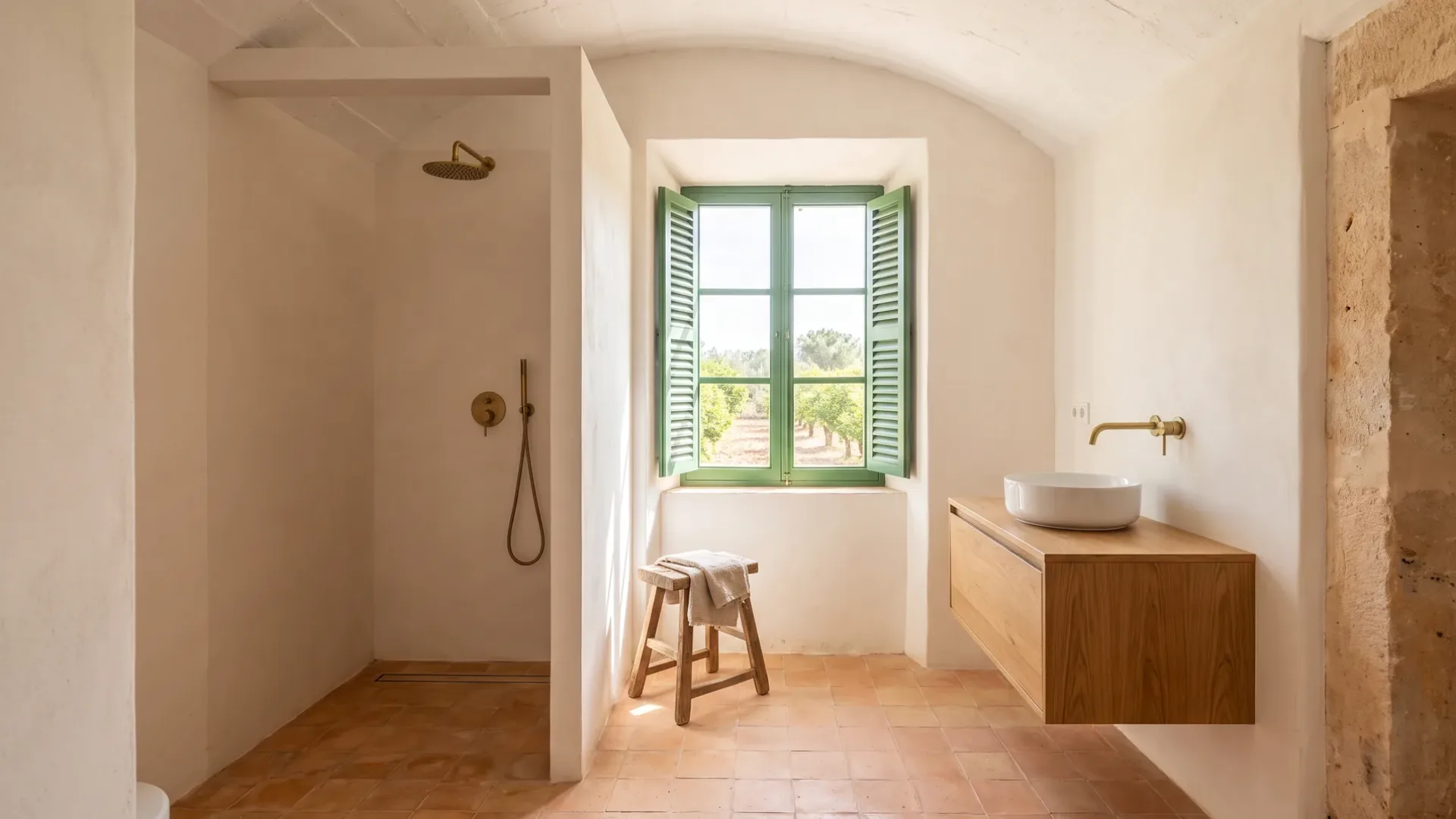 Walk-in-Duschnische liegt einem Fenster mit grünen Fensterläden über einem Obstgarten gegenüber, neben schwebendem Holzwaschtisch auf Terrakottaboden.