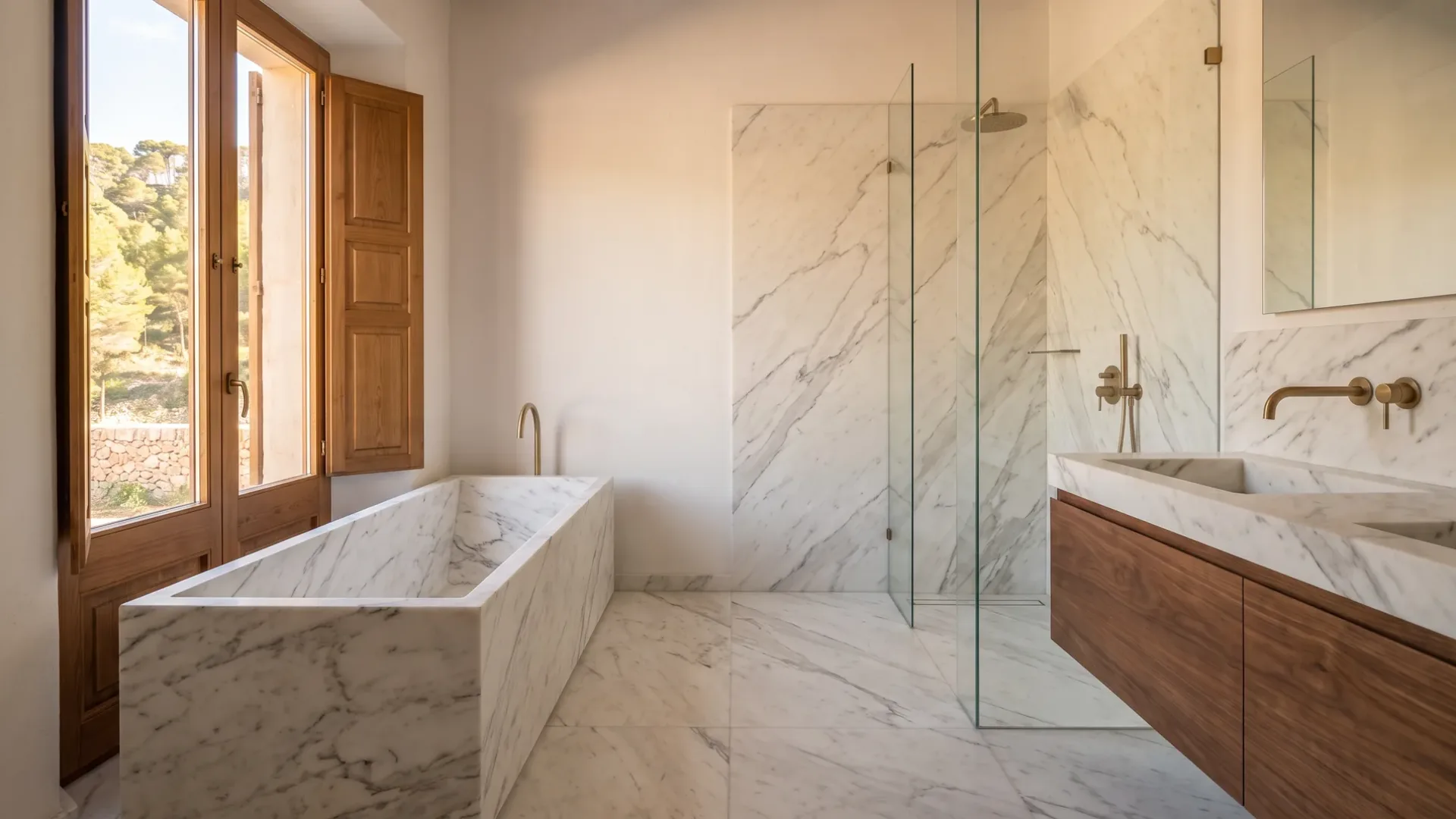 A veined marble bathroom has a rectangular freestanding tub, a glass walk-in shower, and a wooden vanity with brass fittings.
