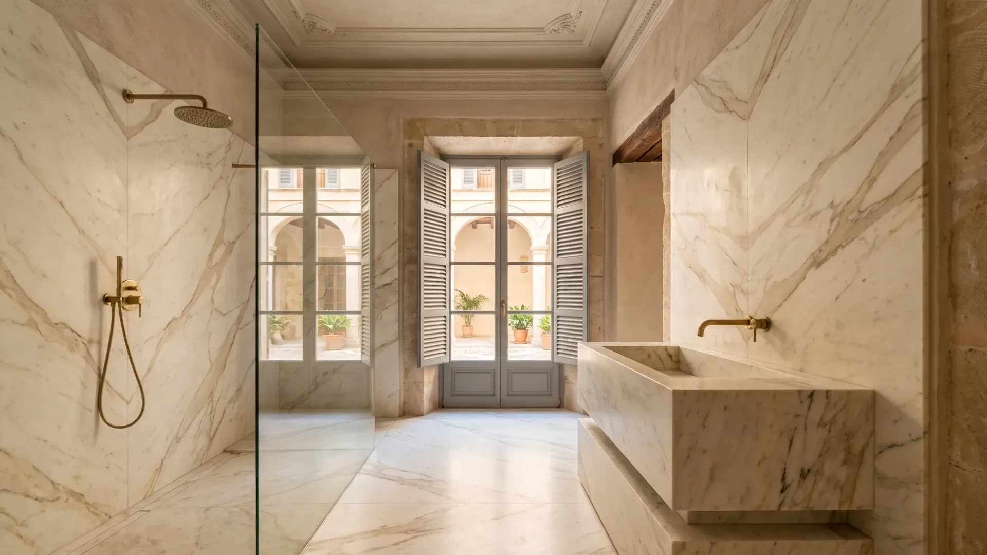 A marble clad bathroom has a rectangular marble sink and a glass shower, beside doors opening onto a colonnaded courtyard.