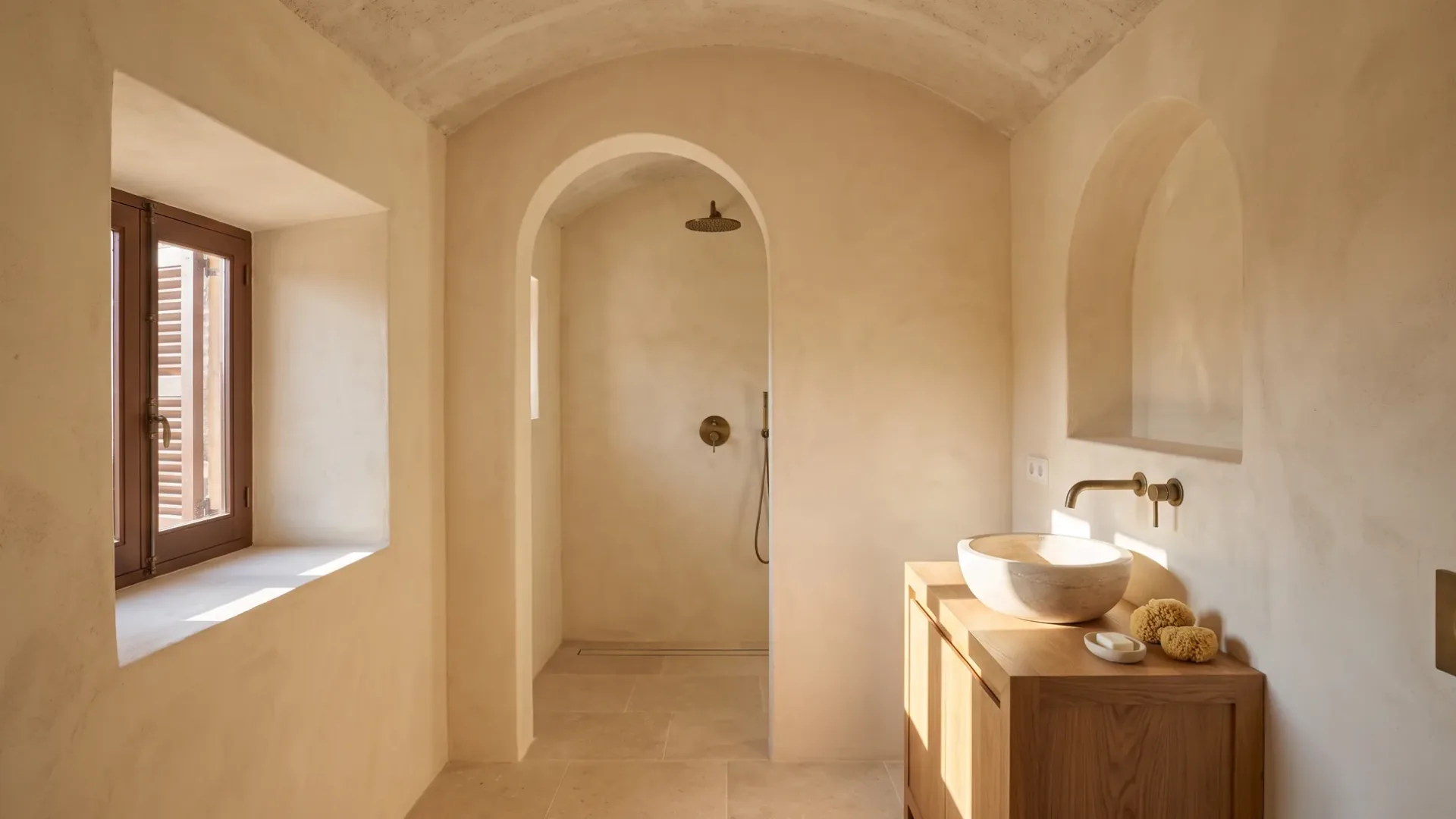 An arched doorway leads to a curved-ceiling shower with a brass rain head, beside a wood vanity with a round stone basin.