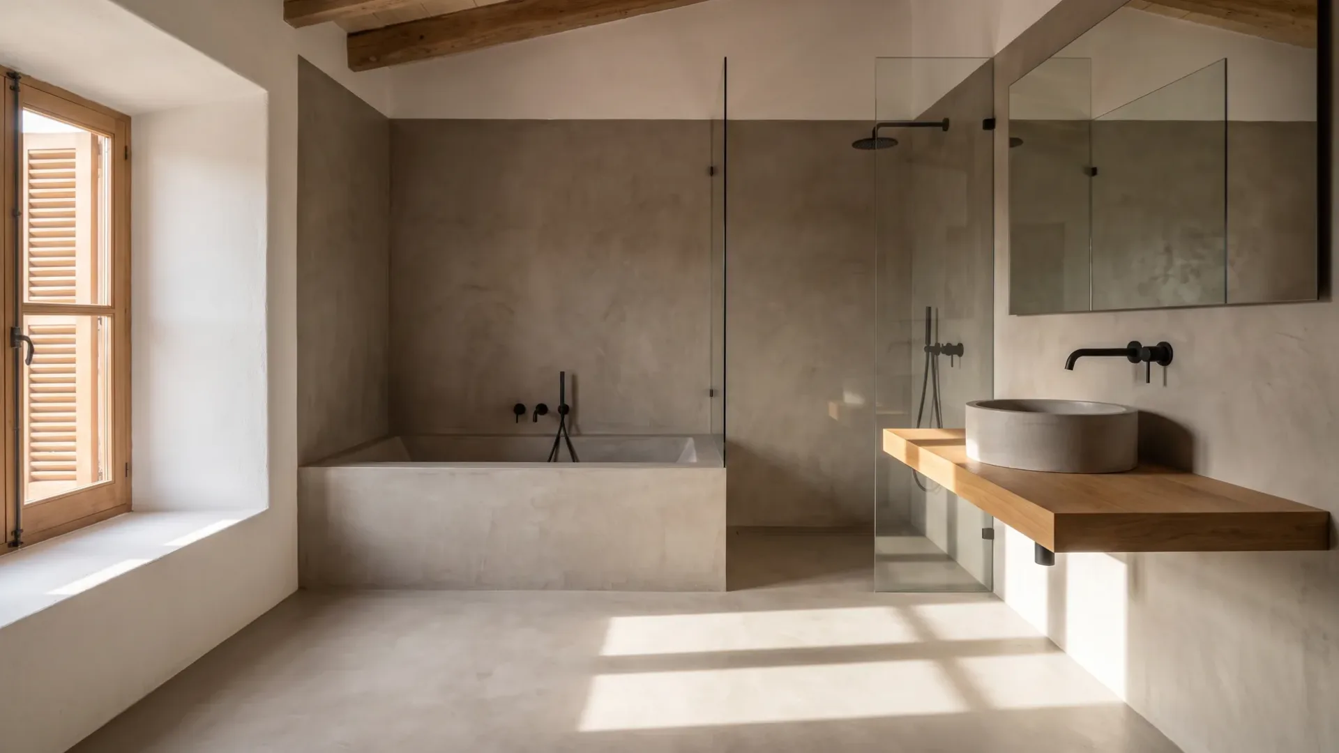 Seamless grey microcement covers the tub surround, floor and walls, paired with a round stone basin on a floating oak shelf.