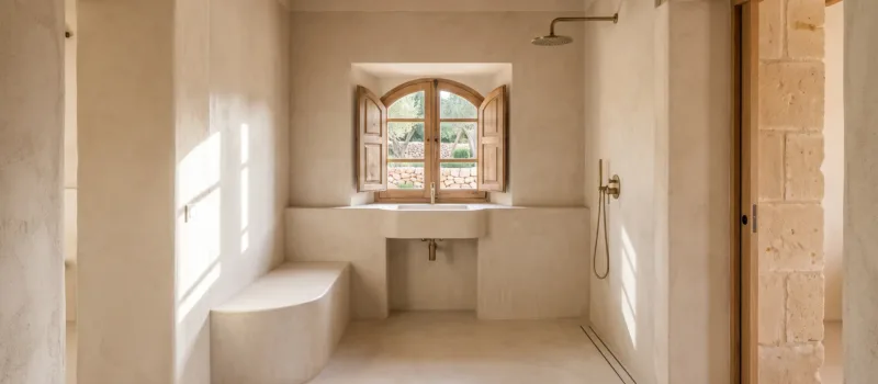 Pale microcement wraps a sunken sink recess below a shuttered window, with a curved bench and open shower to the side.